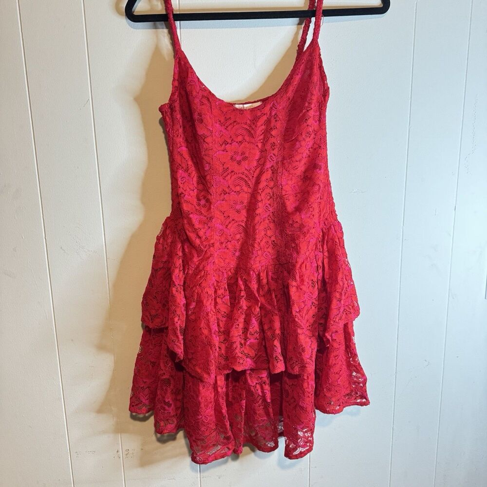 Maven Red Lace Sleeveless Ruffle Mini Dress Scoop Neck Size L